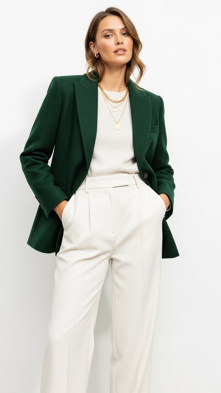 Fashion photography of an elegant woman in Velvet green midi jacket