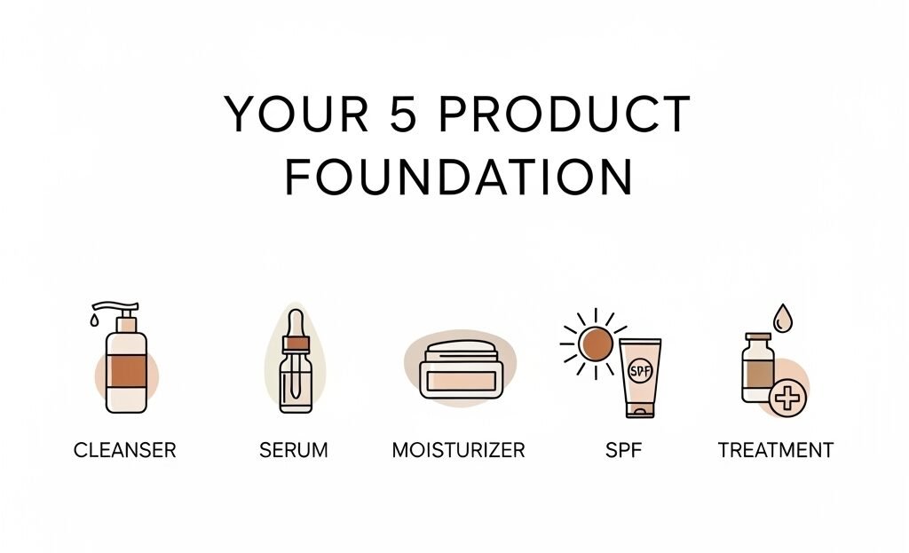 Your 5 Product Foundation" with icons for Cleanser, Serum, Moisturizer, SPF, Treatment.