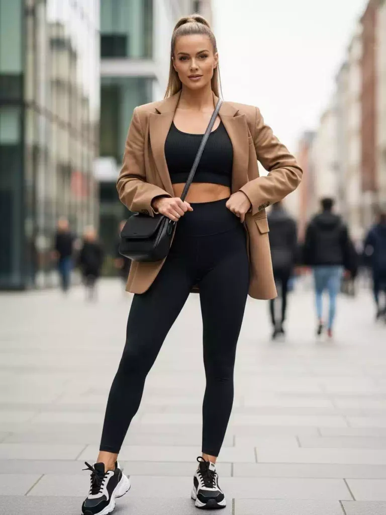 athleisure outfit ideas gym to street style blazer leggings