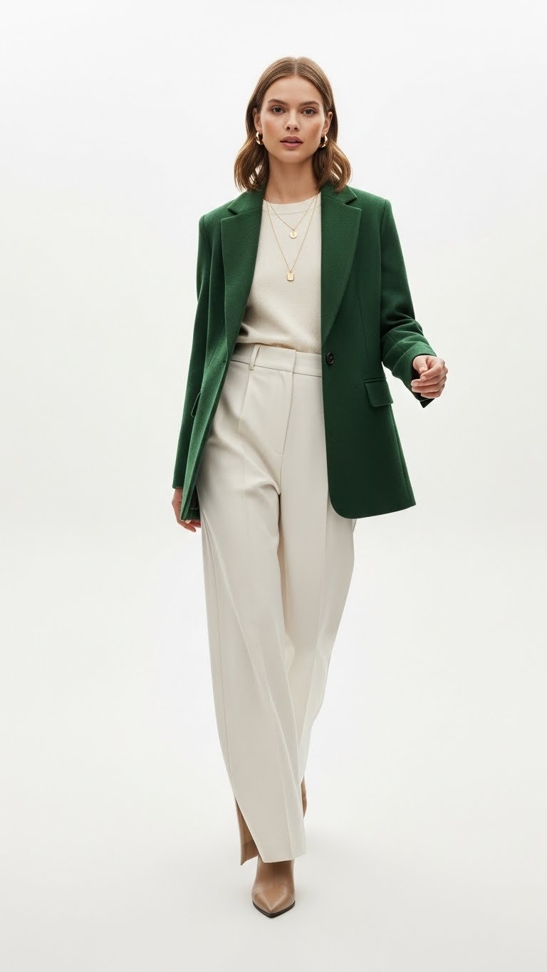 Fashion photography of an elegant woman in Velvet green midi jacket