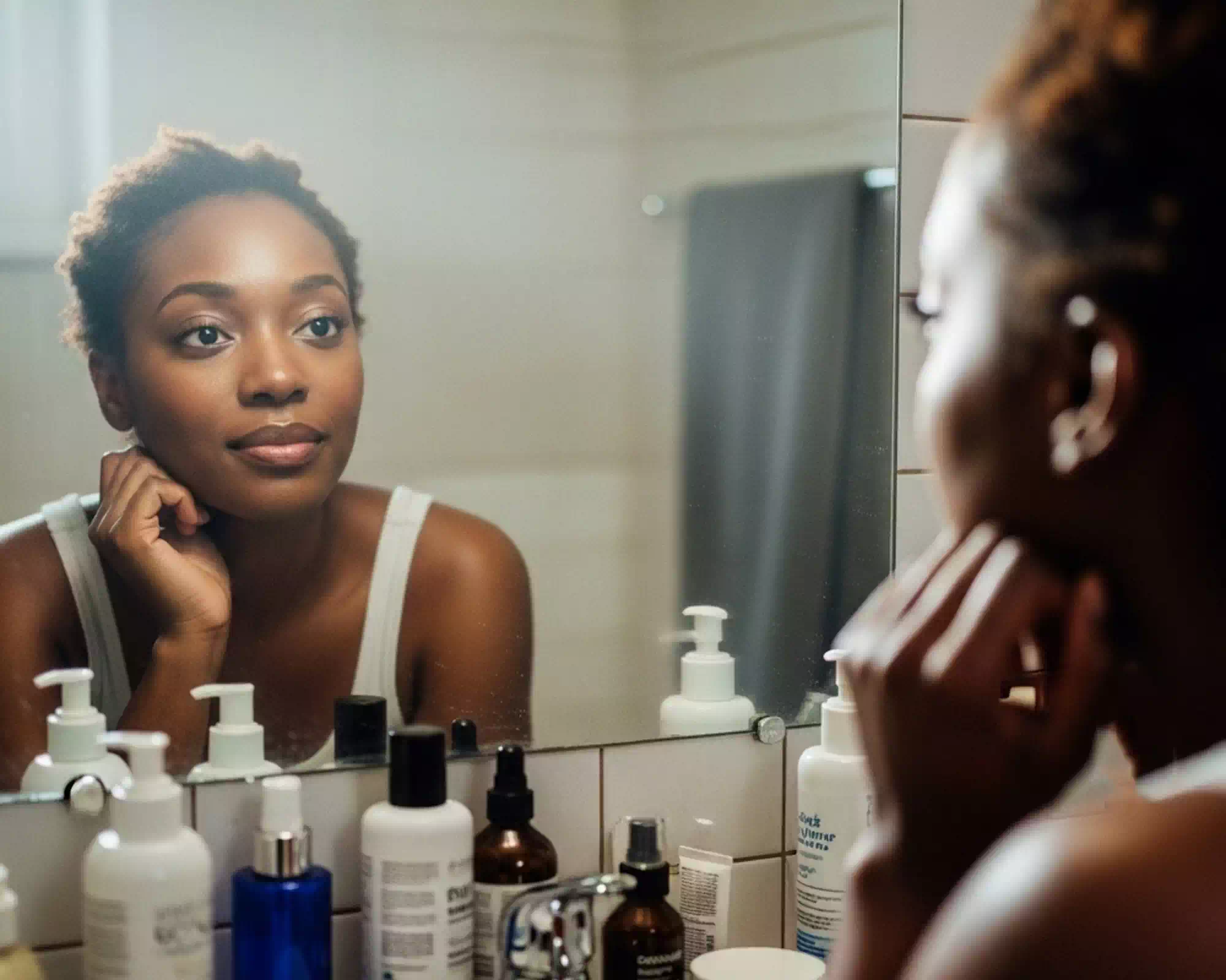 Person reflecting on their skincare routine