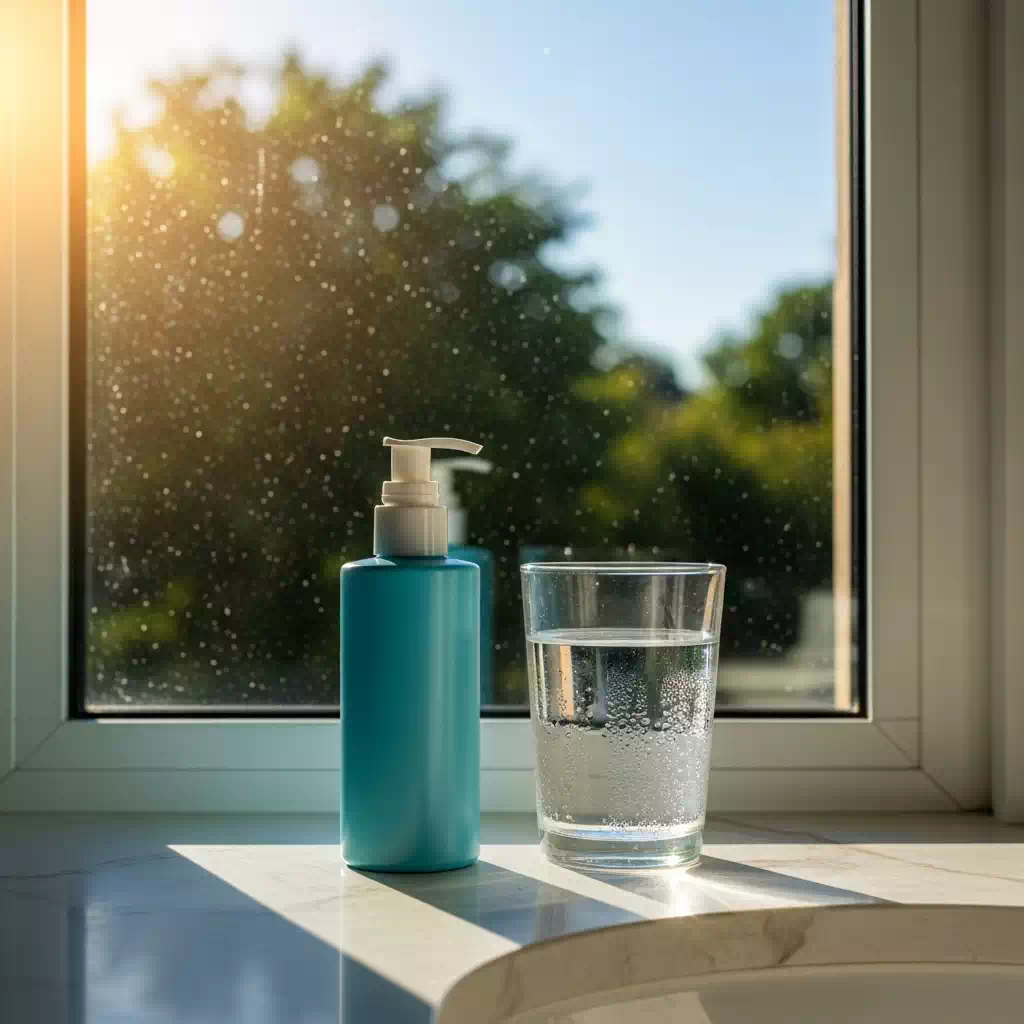 Simple morning skincare scene featuring sunscreen and sunlight, representing a protective AM routine.