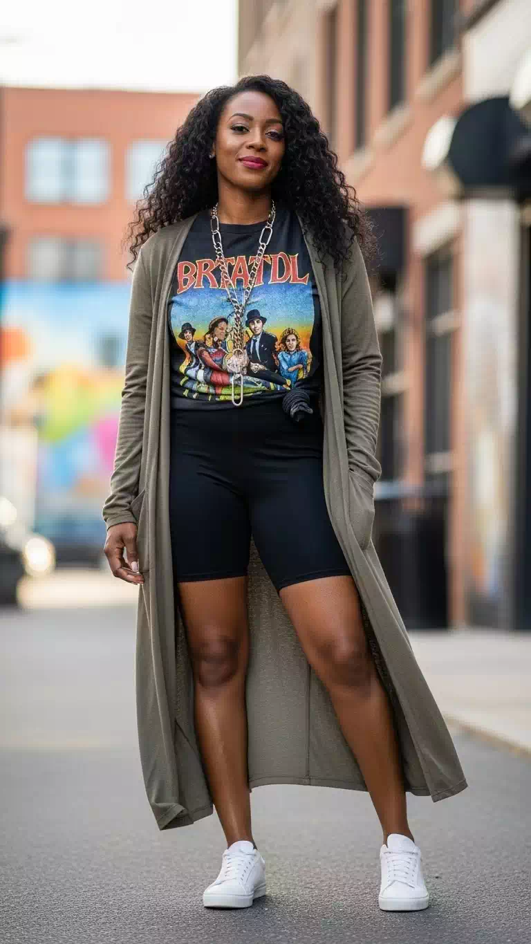 black lady in Bike shorts (black) graphic tee Long cardigan or duster coat White sneakers Chain necklace